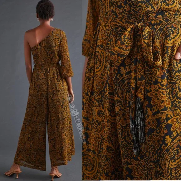 RARE NWT ANTHROPOLOGIE Ollari Paisley Tasseled One-Shoulder Jumpsuit. Size L - Picture 13 of 16